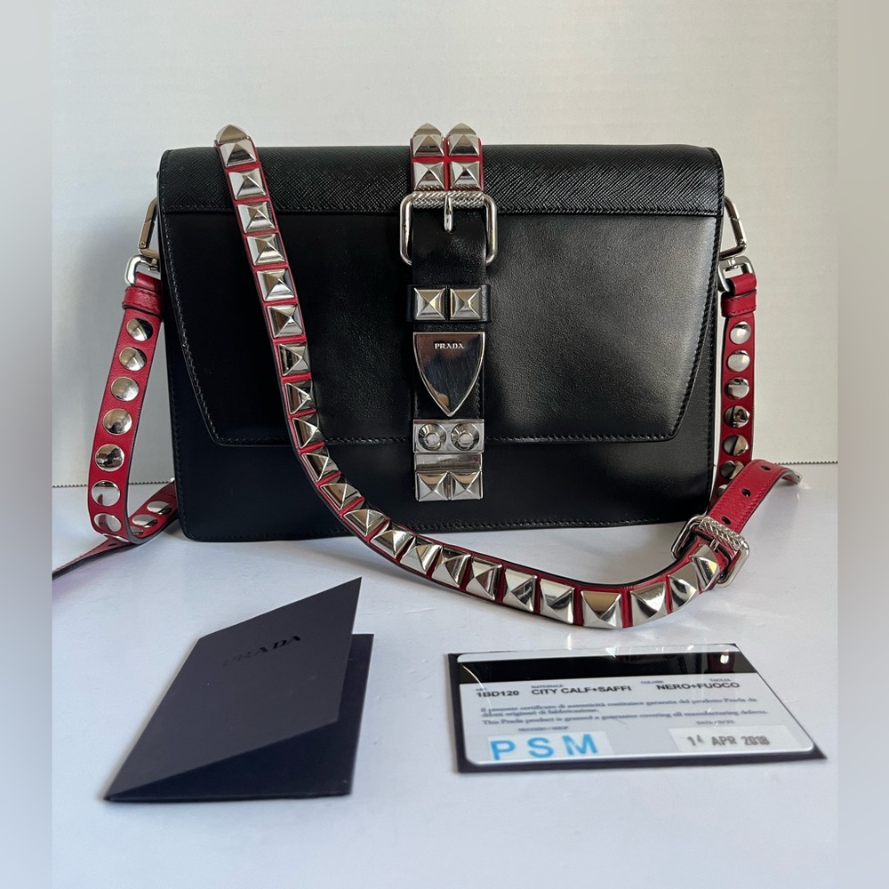 Auth Prada Elektra New Black Studded Leather Crossbody Bag